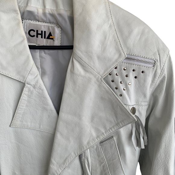 Vintage 80s Chia Moto Embellished Fringe Rocker Coat white Leather Jacket Large - Picture 4 of 9